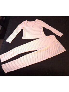 Two-Piece White Ribbed Lounge Set - Long-Sleeve V-Neck Top & Elastic Waist Pants